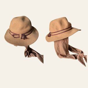 Bollman Girls VTG F1LAWS 100% Wool Felt Tan Fedora w/ Attached Ear Scarf USA S–M